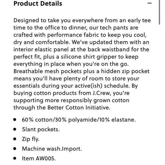 J CREW Pants Men 34 x 30 Khaki Slim-Fit 484 Tech Performance Cotton-Blend AW005 - Picture 14 of 14